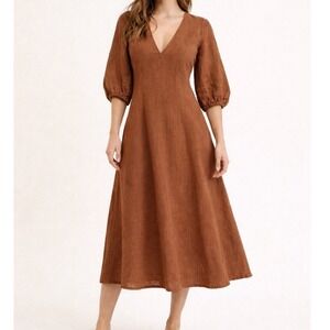 John & Mickie Los Angeles Brown Linen Gauze Midi Dress Women's Z1